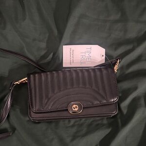 Time and Tru Black Quilted Crossbody Bag with Gold Accents